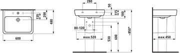 LAUFEN PRO A umývadlo 60 cm, s otvorom pre batériu a prepadom H8189520001041 Technický nákres