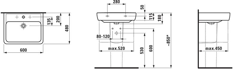 LAUFEN PRO A umývadlo 60 cm, s otvorom pre batériu a prepadom H8189520001041 Technický nákres