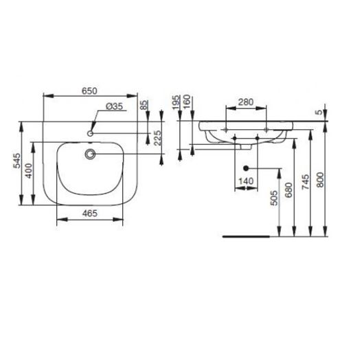 IDEAL STANDARD CONTOUR 21 bezbariérové umývadlo 65 cm, s otvorom pre batériu a prepadom V216801 Technický nákres
