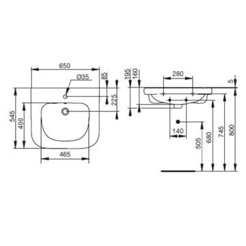 IDEAL STANDARD CONTOUR 21 bezbariérové umývadlo 65 cm, s otvorom pre batériu a prepadom V216801 Technický nákres