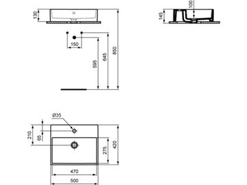 IDEAL STANDARD STRADA umývadlo na dosku 50 cm, s otvorom pre batériu a prepadom K081601 Technický nákres