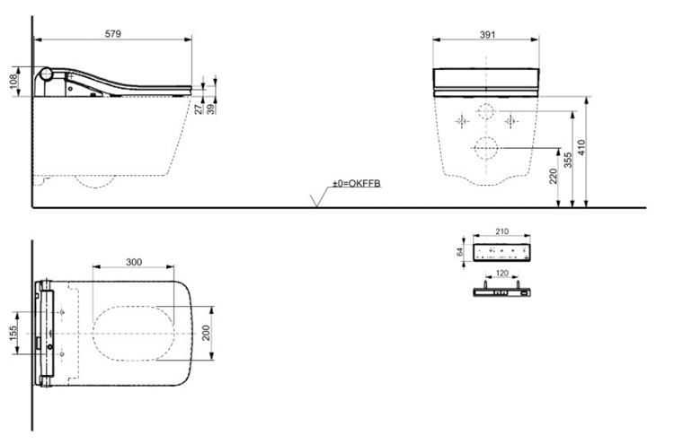 CONCEPT 300 WASHLET závesné WC s bidetovým sedátkom, Rimless, hranaté 522ERY-CON-WCS+803EG Technický nákres