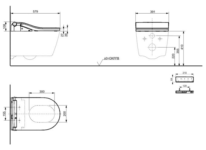 CONCEPT 300 WASHLET závesné WC s bidetovým sedátkom, Rimless, okrúhle, matná biela 542ERY-OPTMWR+801ECG Technický nákres