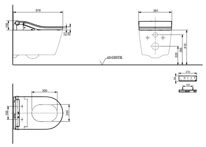 CONCEPT 300 WASHLET závesné WC s bidetovým sedátkom, Rimless, okrúhle, matná čierna CW542ERY#MBL+TCF80 Technický nákres