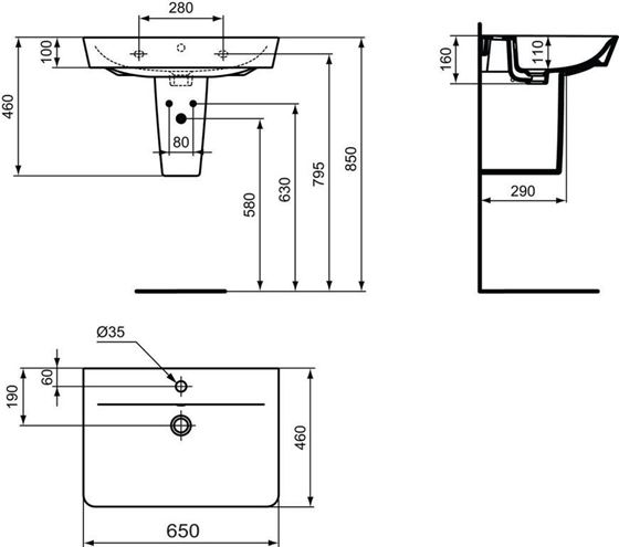 CONCEPT CUBE 2.0 umývadlo 65 cm, s otvorom pre batériu a prepadom E074101 Technický nákres