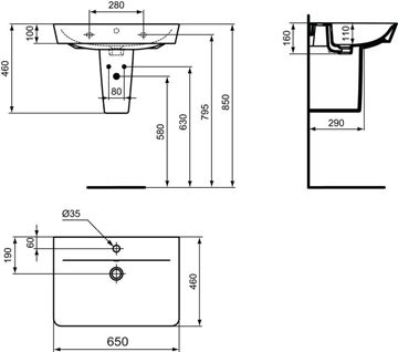 CONCEPT CUBE 2.0 umývadlo 65 cm, s otvorom pre batériu a prepadom E074101 Technický nákres