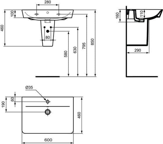 CONCEPT CUBE 2.0 umývadlo 60 cm, s otvorom pre batériu a prepadom E076601 Technický nákres