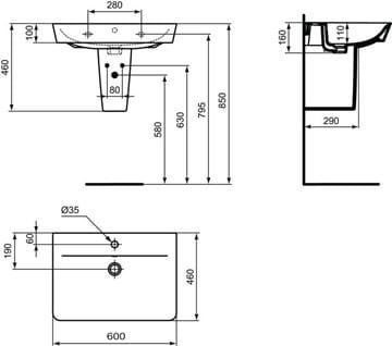 CONCEPT CUBE 2.0 umývadlo 60 cm, s otvorom pre batériu a prepadom E076601 Technický nákres