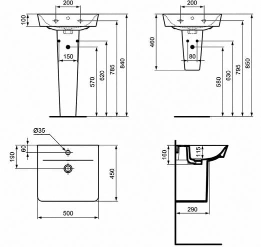 CONCEPT CUBE 2.0 umývadlo 50 cm, s otvorom pre batériu a prepadom E076801 (E030101) Technický nákres