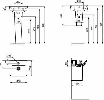 CONCEPT CUBE 2.0 umývadlo 40 cm, s otvorom pre batériu a prepadom E076901 Technický nákres