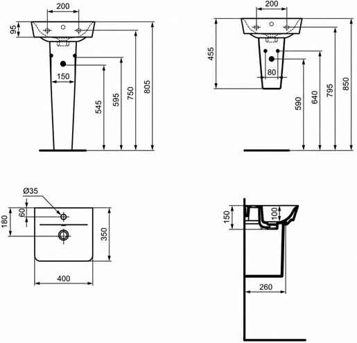 CONCEPT CUBE 2.0 umývadlo 40 cm, s otvorom pre batériu a prepadom E076901 Technický nákres