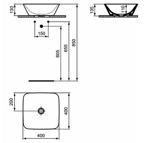 CONCEPT CUBE 2.0 umývadlová misa 40 cm, bez otvoru pre batériu, bez prepadu E078601 (E034701) Technický nákres