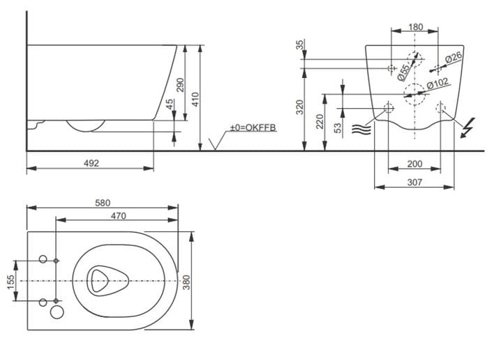 CONCEPT 300 závesné WC pre bidetové sedadlo TOTO WASHLET RW, Tornado Flush splachovanie, matná čierna CW542ERY#MBL Technický nákres