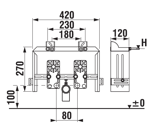 JIKA BASIC BIDET SYSTEM montážny rám pre bidet 27 cm H8936430000001 Technický nákres