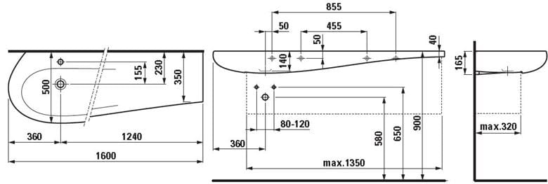LAUFEN ILBAGNOALESSI ONE umývadlo 160 cm, s otvorom pre batériu a prepadom, LCC H8149714001041 Technický nákres