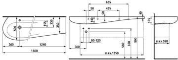 LAUFEN ILBAGNOALESSI ONE umývadlo 160 cm, s otvorom pre batériu a prepadom, LCC H8149714001041 Technický nákres