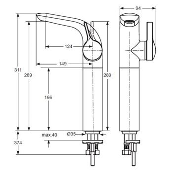 IDEAL STANDARD MELANGE umývadlová stojanková batéria, chróm A4266AA Technický nákres