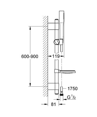 GROHE EUPHORIA COSMOPOLITAN STICK sprchová súprava 4-dielna, ručná sprcha 216 mm, tyč, hadica, mydelnička, Water Saving, chróm 27368000 Technický nákres
