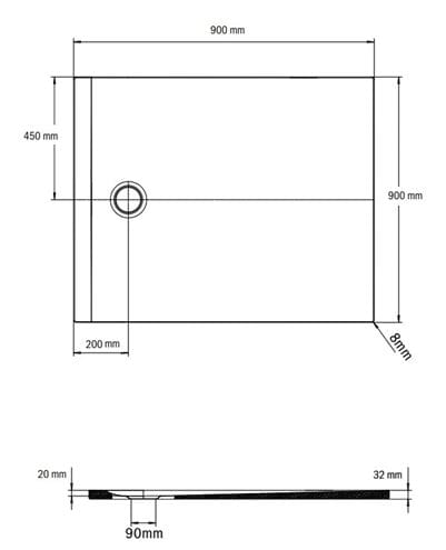 KALDEWEI CALIMA 3211 sprchová vanička 90x90 cm, smaltovaná oceľ, Invisible Grip 321111111001 Technický nákres