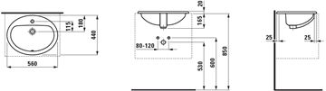 LAUFEN PRO umývadlo 56 cm, s otvorom pre batériu a prepadom H8139510001041 Technický nákres
