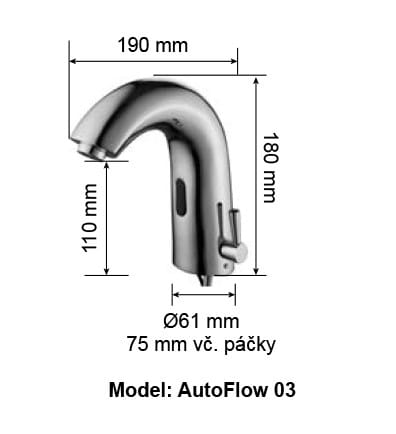 DONNER AUTOFLOW 03 umývadlová senzorová batéria s reguláciou teploty, napájanie z batérie, chróm 8596220009302 Technický nákres