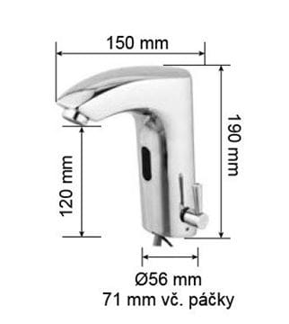 DONNER AUTOFLOW 02 umývadlová senzorová batéria s reguláciou teploty, napájanie z batérie, chróm 8596220009296 Technický nákres