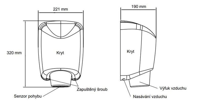 JET DRYER BOOSTER teplovzdušný sušič rúk, automatický, kartáčovaná nerez oceľ 8596220009340 Technický nákres