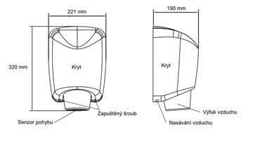 JET DRYER BOOSTER teplovzdušný sušič rúk, automatický, kartáčovaná nerez oceľ 8596220009340 Technický nákres