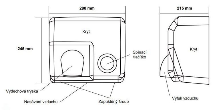 JET DRYER BUTTON teplovzdušný sušič rúk, manuálna, biela 8596220009265 Technický nákres