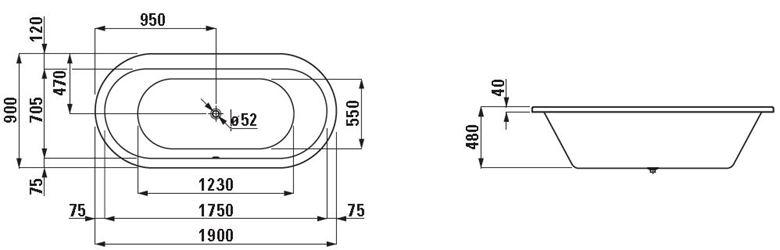 LAUFEN SOLUTIONS vaňa 190x90 cm, bez nožičiek, akrylát H2255100000001 Technický nákres