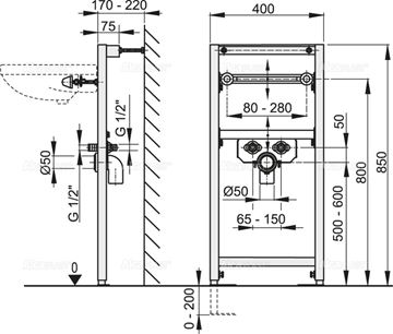 ALCA montážny rám pre umývadlo 85 cm A104/850 Technický nákres
