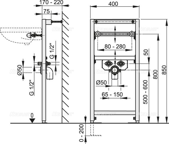 ALCA montážny rám pre umývadlo 85 cm A104/850 Technický nákres