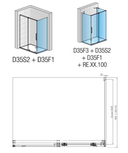 RONAL AMALIA D35F1 bočná stena 90x200 cm, aluchróm/číre sklo D35F1 090 50 07 Technický nákres