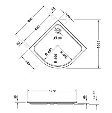 CONCEPT 200 NEW sprchová vanička 90x90 cm, R500, akrylát, bez nožičiek 720414000000000 Technický nákres