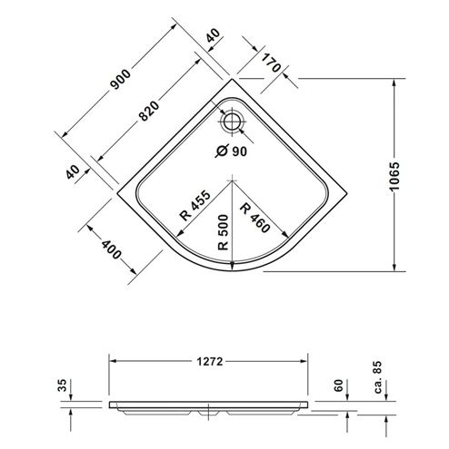 CONCEPT 200 NEW sprchová vanička 90x90 cm, R500, akrylát, bez nožičiek 720414000000000 Technický nákres