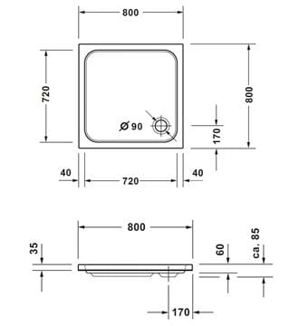 CONCEPT 200 NEW sprchová vanička 80x80 cm, akrylát, bez nožičiek 720391000000000 Technický nákres