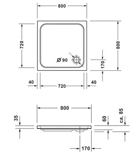 CONCEPT 200 NEW sprchová vanička 80x80 cm, akrylát, bez nožičiek 720391000000000 Technický nákres