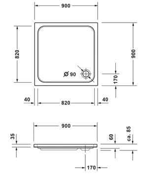 CONCEPT 200 NEW sprchová vanička 90x90 cm, akrylát, bez nožičiek  720392000000000 Technický nákres
