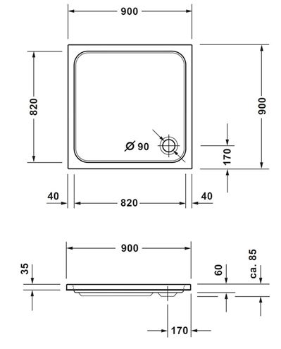 CONCEPT 200 NEW sprchová vanička 90x90 cm, akrylát, bez nožičiek  720392000000000 Technický nákres