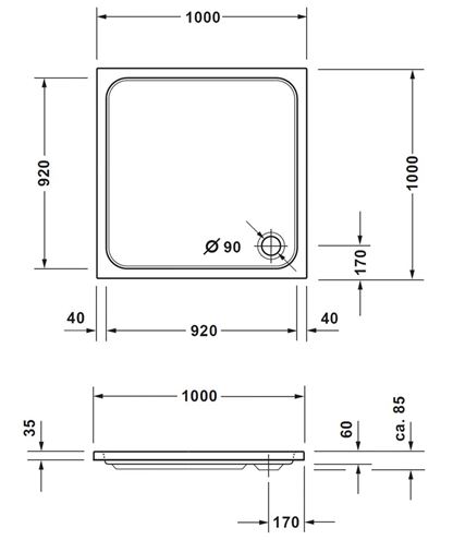 CONCEPT 200 NEW sprchová vanička 100x100 cm, akrylát, bez nožičiek  720393000000000 Technický nákres