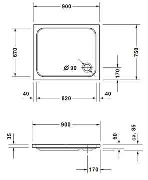 CONCEPT 200 NEW sprchová vanička 90x75 cm, akrylát, bez nožičiek  720412000000000 Technický nákres