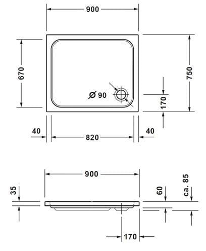 CONCEPT 200 NEW sprchová vanička 90x75 cm, akrylát, bez nožičiek  720412000000000 Technický nákres