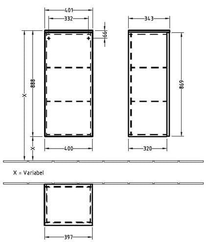 VILLEROY & BOCH VERITY LINE nízka skrinka 40,1x34,3x88,8 cm, 1 dvierka, pánty vľavo, Push-open, Glossy White B51600DH Technický nákres