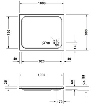 CONCEPT 200 NEW sprchová vanička 100x80 cm, akrylát, bez nožičiek 720395000000000 Technický nákres
