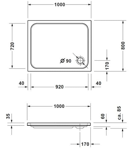 CONCEPT 200 NEW sprchová vanička 100x80 cm, akrylát, bez nožičiek 720395000000000 Technický nákres