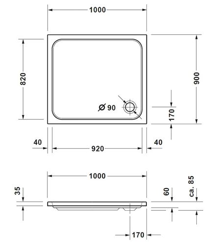 CONCEPT 200 NEW sprchová vanička 100x90 cm, akrylát, bez nožičiek 720396000000000 Technický nákres