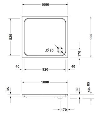 CONCEPT 200 NEW sprchová vanička 100x90 cm, akrylát, bez nožičiek 720396000000000 Technický nákres