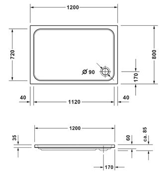 CONCEPT 200 NEW sprchová vanička 120x80 cm, akrylát, bez nožičiek 720397000000000 Technický nákres