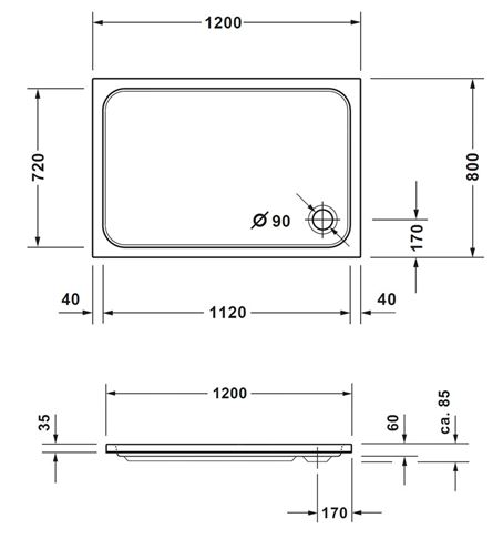 CONCEPT 200 NEW sprchová vanička 120x80 cm, akrylát, bez nožičiek 720397000000000 Technický nákres