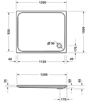 CONCEPT 200 NEW sprchová vanička 120x100 cm, akrylát, bez nožičiek 720399000000000 Technický nákres